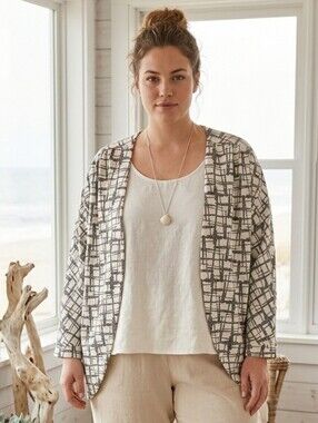 Allie Rose Grid Knit Cocoon Cardigan Sweater Black/White,Coastal Boho, Size 1X
